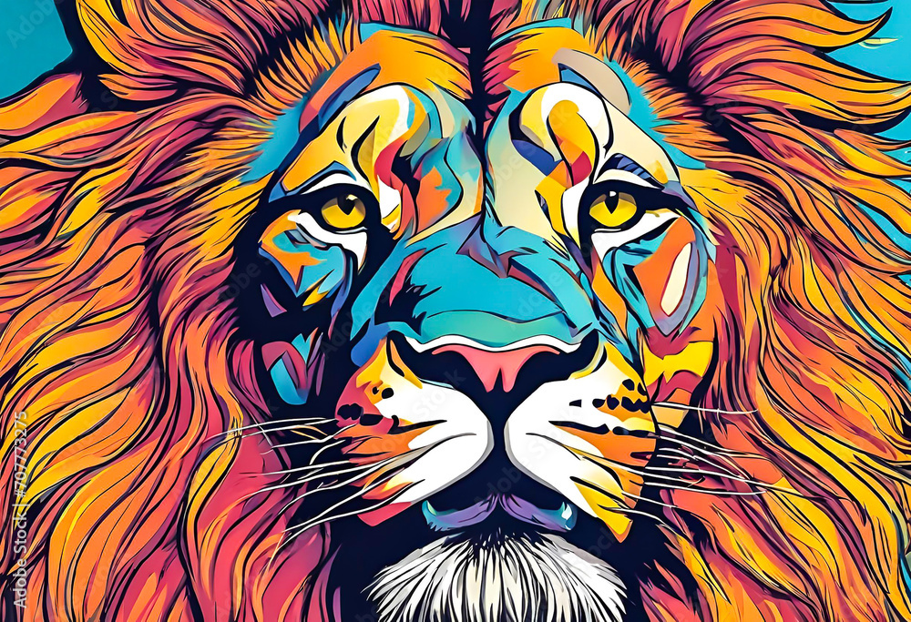 Close up of colorful lion face drawing vibrant vivid colored t-shirt design vector illustrations. Spectrum-spotted lion fierce beauty