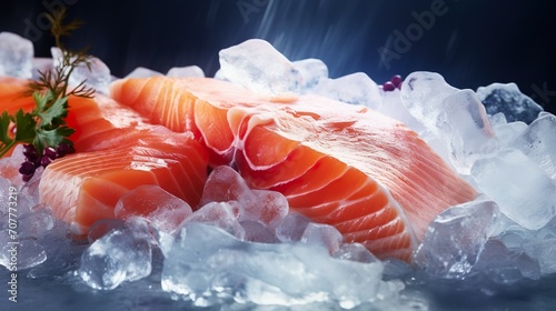 Raw salmon fillet, Closeup of fresh fish, lemon, herbs, ice cubes on a black background. Healthy gourmet diet concept.