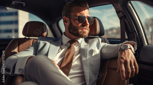 Successful businessman in a expensive suit sitting in the back seat of a luxury car © petrrgoskov