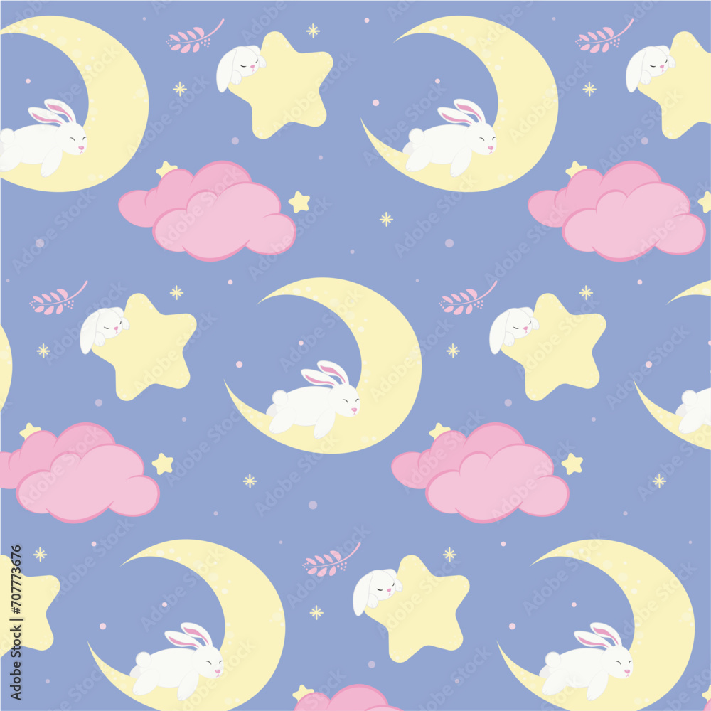 seamless pattern with moon,stars and rabbits
