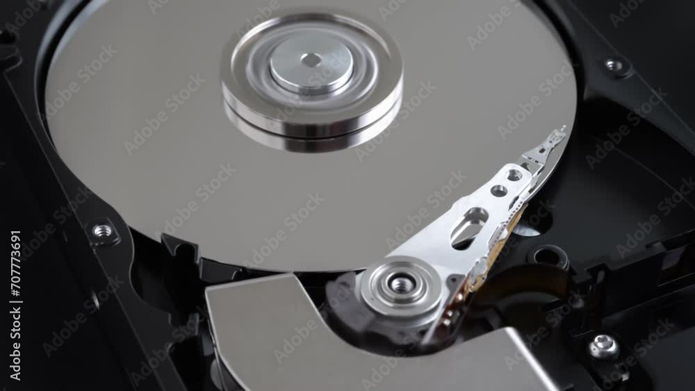 Hard disk drive inside with rotating platter and riding arm Hard disk drive inside with rotating platter and riding arm