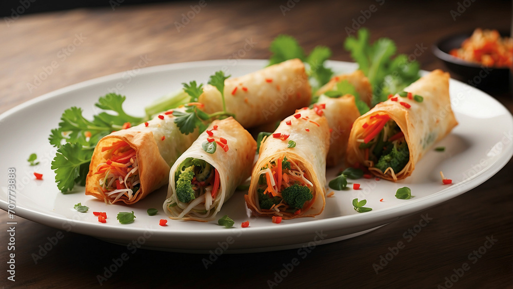 Crispy Delight Showcase featuring vegetable spring rolls crunchy exterior and the burst of vibrant flavors from the fresh vegetables encased within Crispy Delight Showcase featuring vegetable spring rolls crunchy exterior and the burst of vibrant flavors from the fresh vegetables encased within