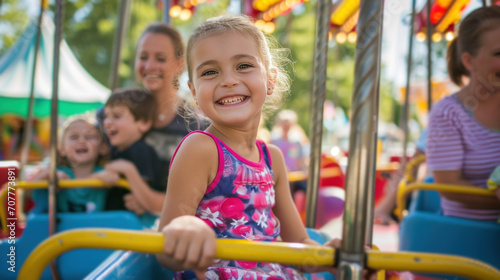 A joyful scene at a fair where children are having fun on the rides and parents are smiling as they watch them.