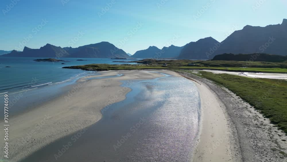 Sandy Beach Lagoon in Fredvang, Lofoten Islands, Norway - 4k Aerial Sandy Beach Lagoon in Fredvang, Lofoten Islands, Norway - 4k Aerial