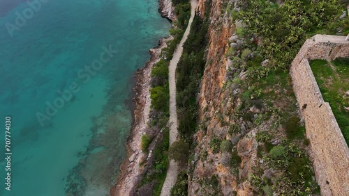 Aerial View Over Arvanitia Walking Area Coastal Shoreline, Peloponnese Region, Greece