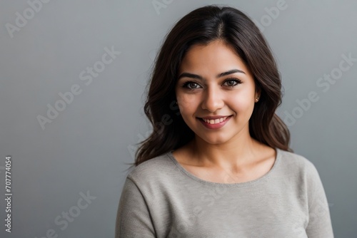 Beautiful Latin American woman standing against a grey background with copy space.