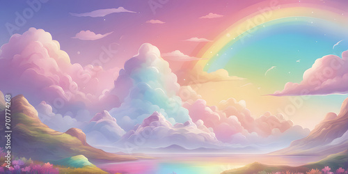 Colorful rainbow and clouds in a magical scenery.