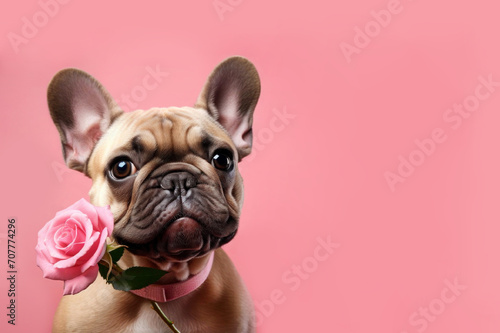 Bulldog on a pink background. Portrait of a beautiful dog with a rose. French Bulldog with a gift. Valentine's Day. Happy Women's Day. © natmioni