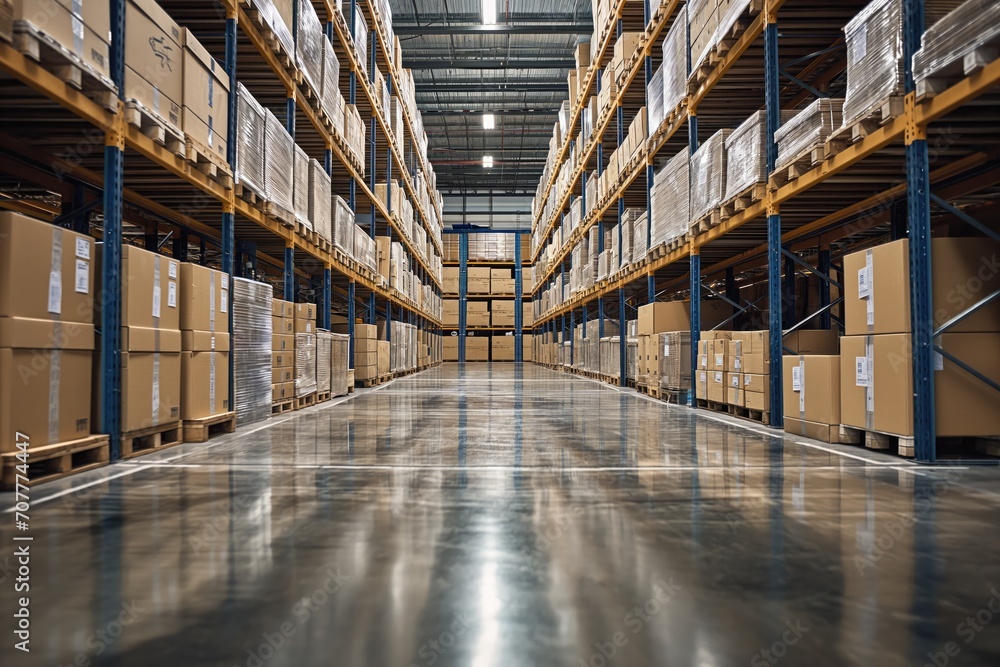 Distribution Warehouse With Cardboard Boxes On The Racks And On The Floor Distribution Warehouse With Cardboard Boxes On The Racks And On The Floor