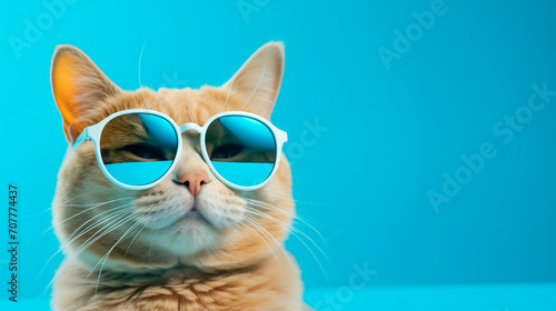 Serious cat in sunglasses on monochrome background.