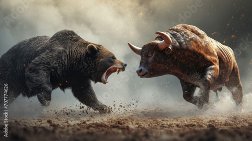 Bear fighting with bull for concept of stock market exchange trend condition or financial technology, bull and bear.