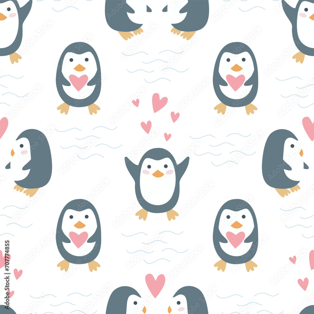 Naklejka premium Penguins in love seamless pattern for Valentines day. Romantic cute characters background. Baby penguins for textile, packaging, design, hand drawn vector illustration