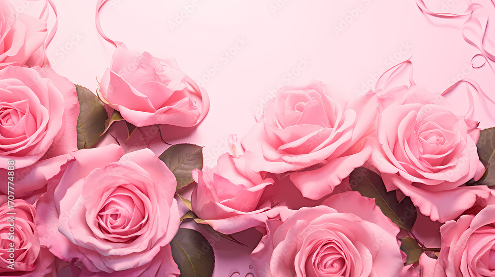 Pink rose composition background, decorative flower background pattern, floral border background Pink rose composition background, decorative flower background pattern, floral border background
