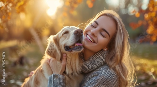 Beautiful young woman with golden retriever dog in autumn park.