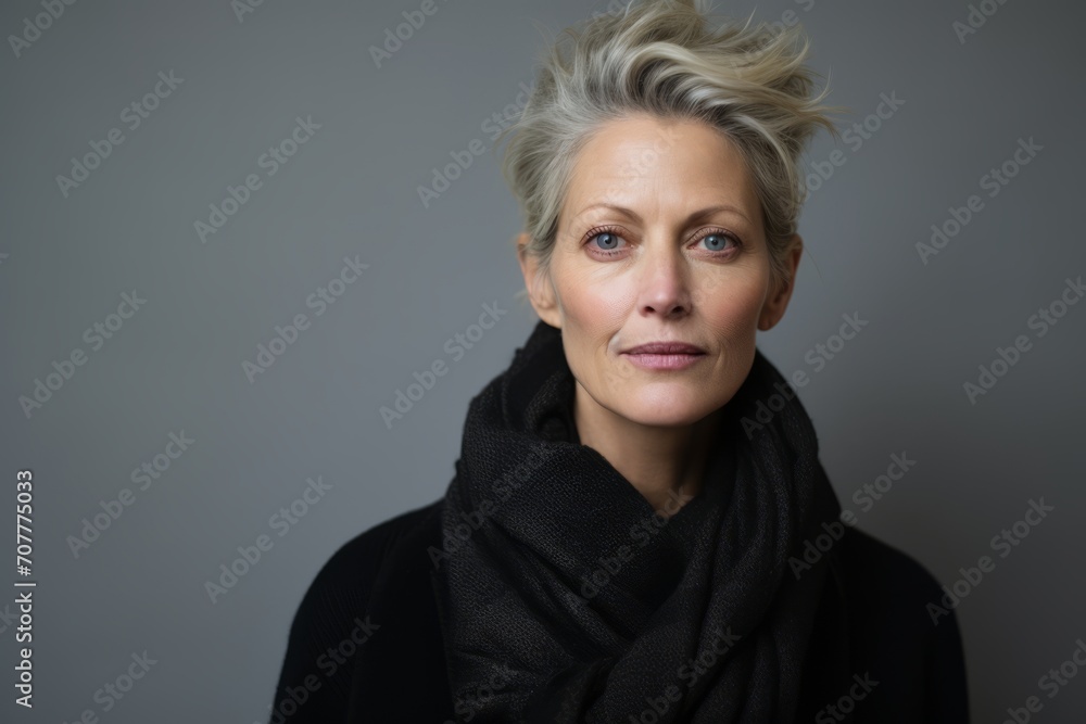 Portrait of a beautiful middle aged woman with scarf on grey background Portrait of a beautiful middle aged woman with scarf on grey background