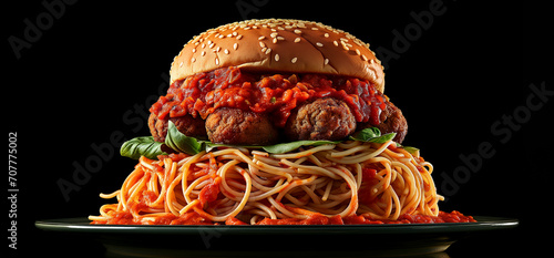 Spaghetti burger, Hamburger, Italian fast food, Americanized dish, Macaroni, Poster. ITALY MEETS AMERICA! This is what happens when Italy meets America. Mega spaghetti burger, meatballs, tomato sauce.