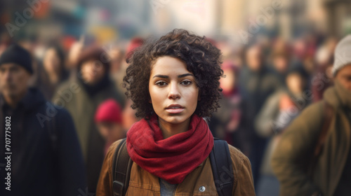 Young Woman with Red Scarf in Crowd