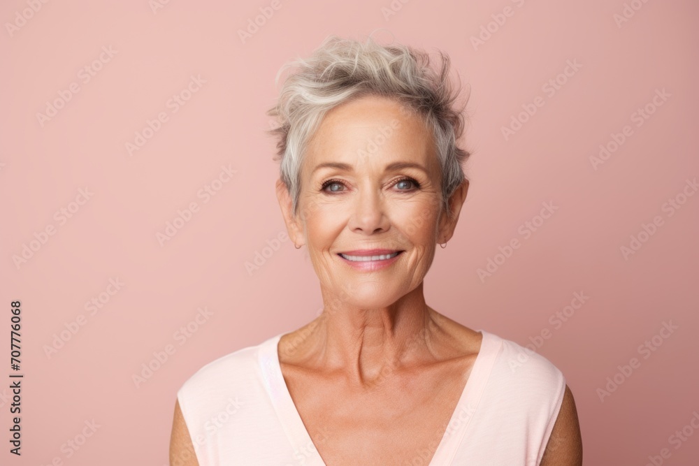 Portrait of smiling senior woman with short grey hair on pink background Portrait of smiling senior woman with short grey hair on pink background