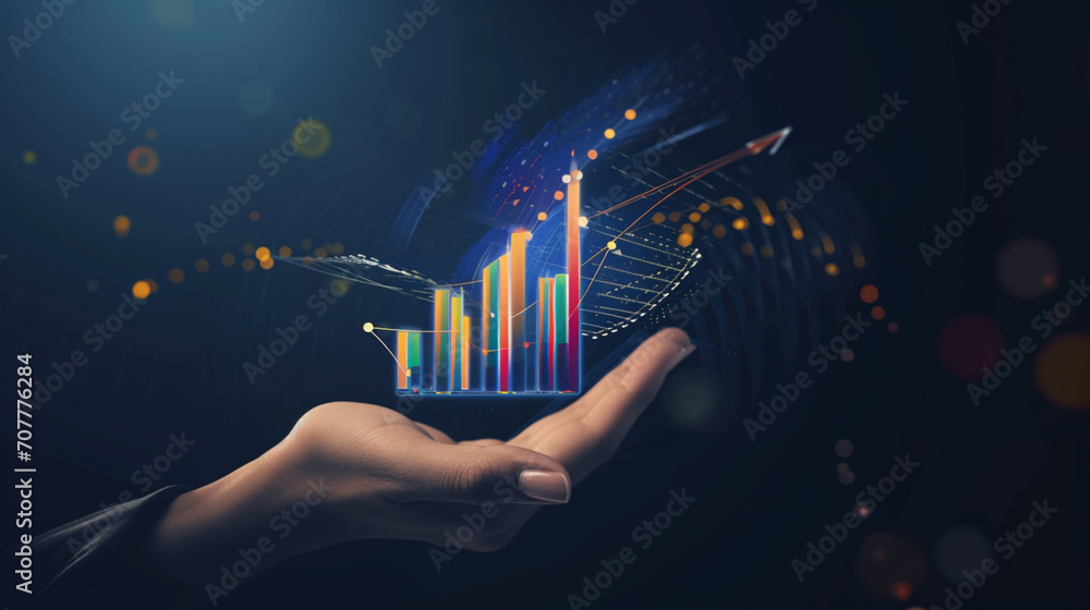 upward movement of investment stocks, up arrow hologram, Investment consultancy, invest your money in the right place, save your money, right investment plan, insurance company - obrazy, fototapety, plakaty 