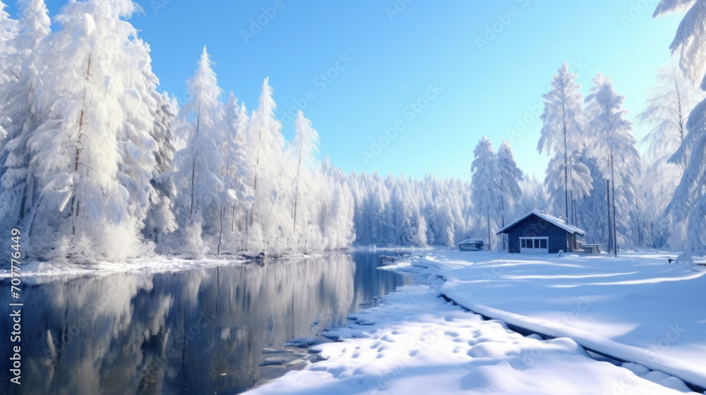 Winter Cabin by a Frozen Lake in Snowy Forest
