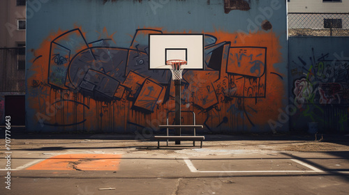 Urban Basketball Court with Graffiti Wall