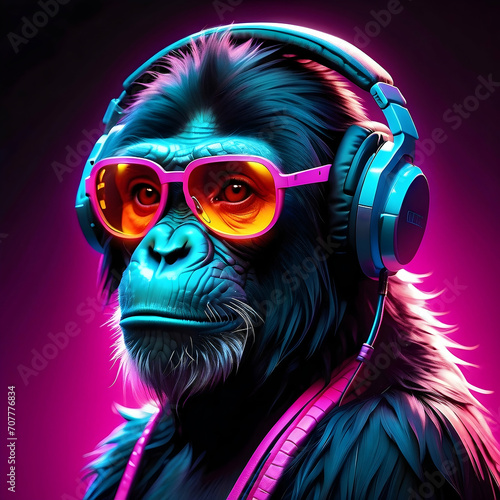 Neon Jungle Cybernetic Chimpanzee, Nature's Fusion in Digital Cyberpunk Painting