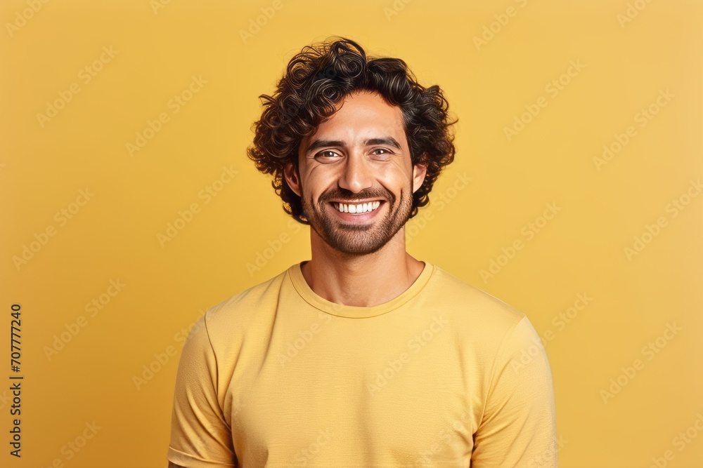 Portrait of a handsome young man with curly hair smiling at the camera over yellow background Portrait of a handsome young man with curly hair smiling at the camera over yellow background