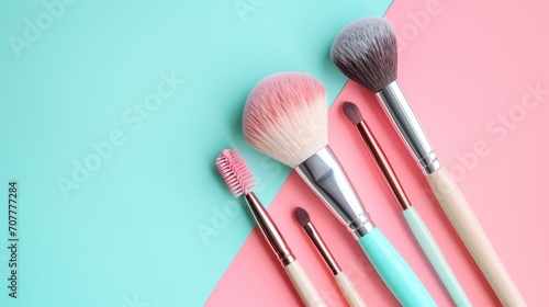 Make up background with decorative cosmetic products. Beauty industry banner with brushes