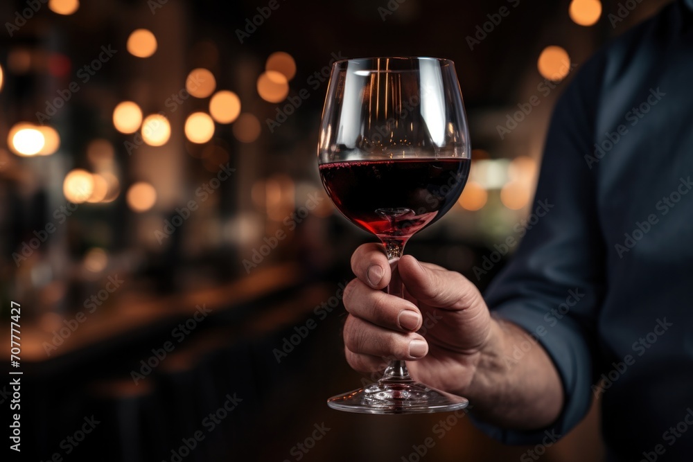 Young man holding a glass of red wine in a bar. Drinking with his lover.