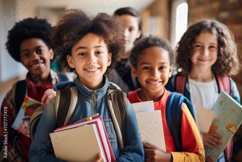 Happy schoolchildren, smiling cheerfully, posing in the classroom, holding notebooks and backpacks, happily looking at the camera after school reopened. Diversity. back to school concept