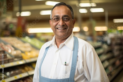 A senior india grocery store owner who is proud to be running a grocery store is happy.