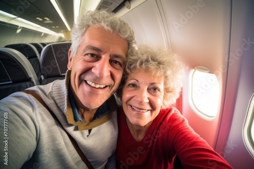 Senior couple taking a selfie on the plane, happy traveling on vacation