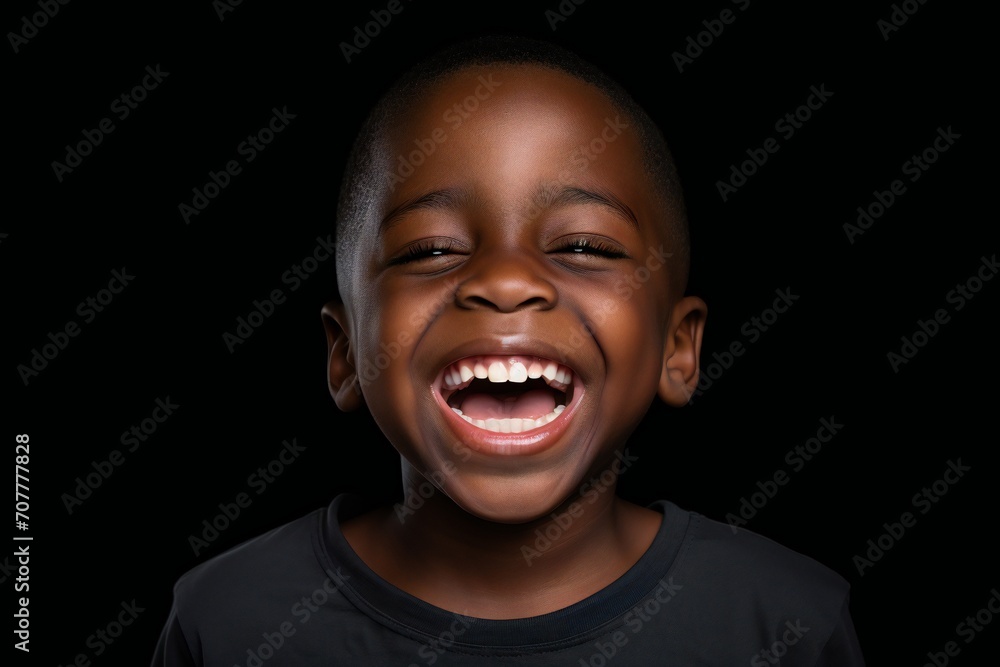 a professional portrait studio photo of a cute african boy child model with perfect clean teeth laughing and smiling. isolated on black background. for ads and web design - obrazy, fototapety, plakaty 
