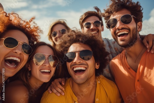 Group of friends on holiday wearing sunglasses as a symbol of happiness from the holiday © ORG