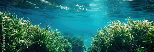 Frame of underwater green sea weed  kelp  alga   seagrass with blue water  some bubbles. Underwater foliage for subaquatic  intertidal bio-diversity card  banner  web. Save environment  water quality.