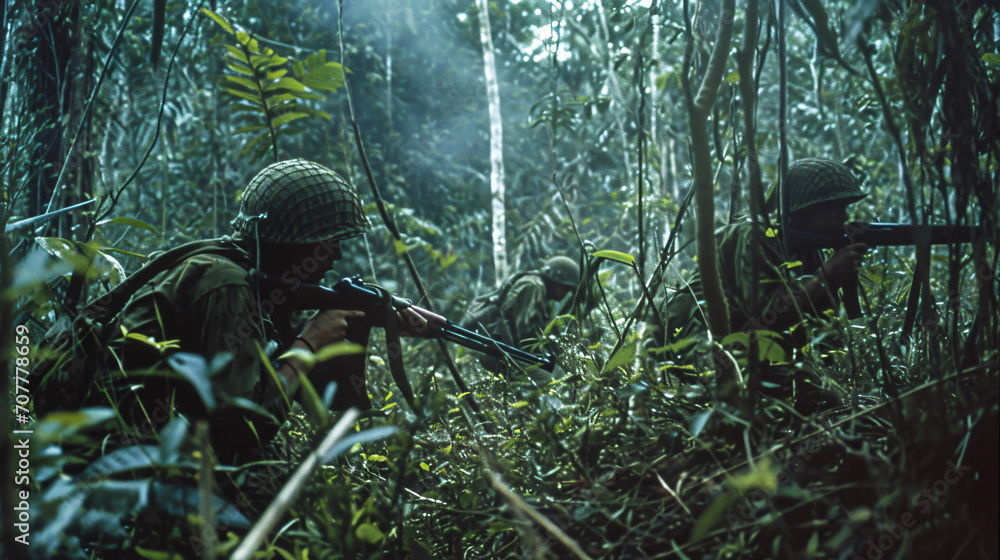 A guerrilla warfare scene in a dense jungle during the Vietnam War with soldiers camouflaged among the foliage.