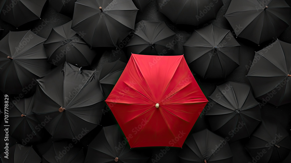 Crimson Oasis: Red Umbrella Amidst a Sea of Noir. Generative AI Crimson Oasis: Red Umbrella Amidst a Sea of Noir. Generative AI