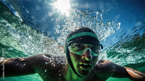 Underwater View of Swimmer with Goggles in Sunlit Water © Polypicsell
