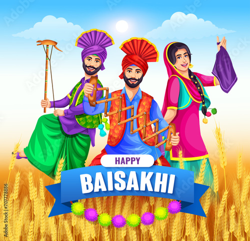 Group of people doing the Bhangra dance celebrating Baisakhi festival banner design template