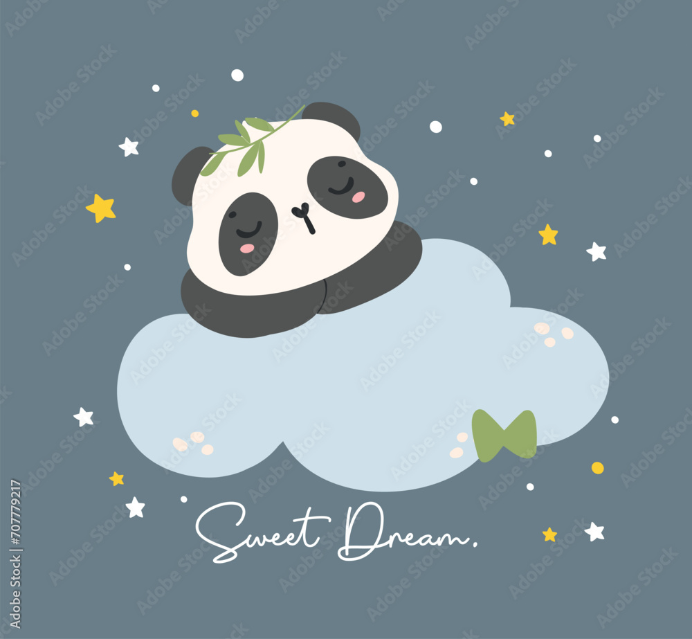 Adorable Cartoon Panda Nursery Art. Cute hand drawn illustration of a baby panda sleeping on a ccloud, perfect for baby shower themes. Adorable Cartoon Panda Nursery Art. Cute hand drawn illustration of a baby panda sleeping on a ccloud, perfect for baby shower themes.