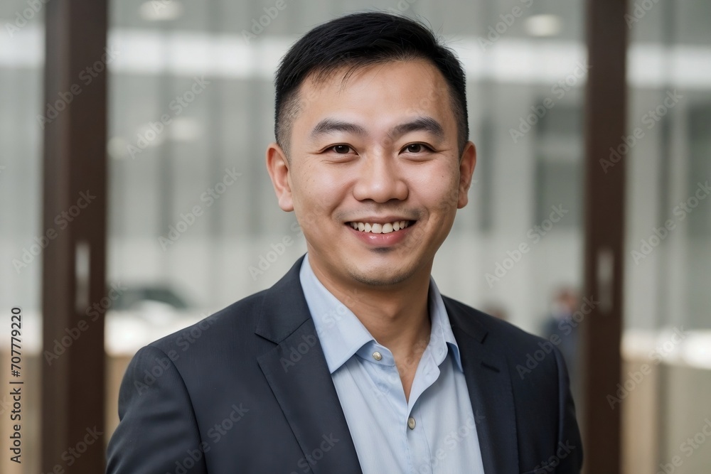 Asian businessman smiling and looking at the camera against blurred outside office building background with copy space. Asian businessman smiling and looking at the camera against blurred outside office building background with copy space.