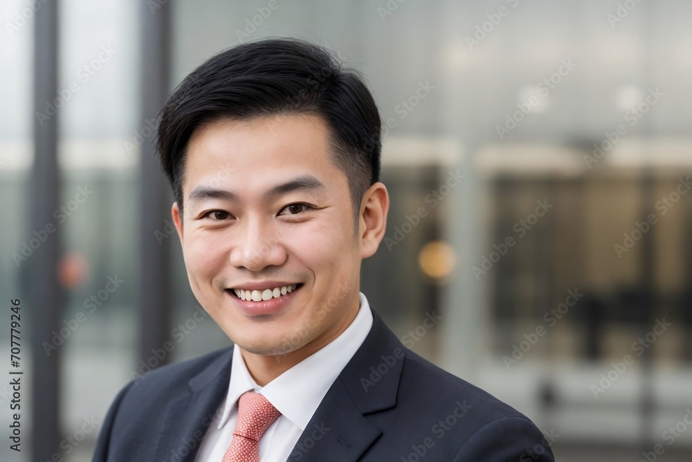Asian businessman smiling and looking at the camera against blurred outside office building background with copy space. Asian businessman smiling and looking at the camera against blurred outside office building background with copy space.