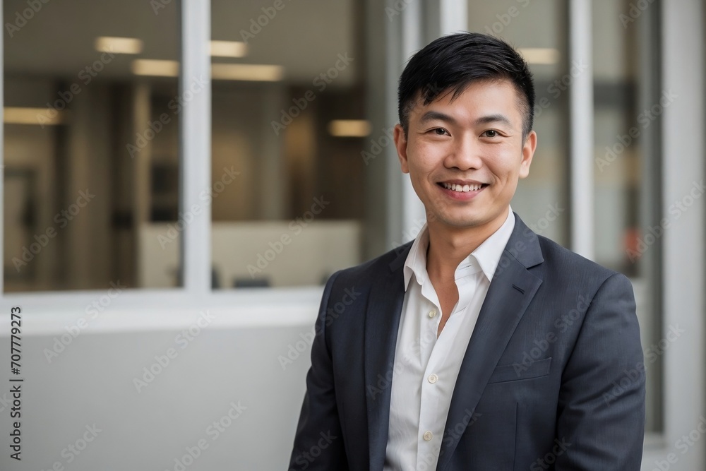 Asian businessman smiling and looking at the camera against blurred outside office building background with copy space. Asian businessman smiling and looking at the camera against blurred outside office building background with copy space.