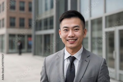 Asian businessman smiling and looking at the camera against blurred outside office building background with copy space.