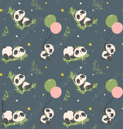 Fototapeta Naklejka Na Ścianę i Meble -  Nursery pattern seamless Baby Panda sleeping on bamboo, isolated on dark blue background.
