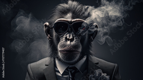 Stylish Chimpanzee Smoking a Cigar with Sunglasses