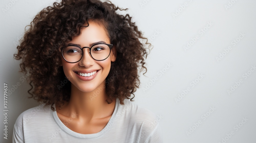 Eyeglasses curly hair woman joyful portrait image Eyeglasses curly hair woman joyful portrait image