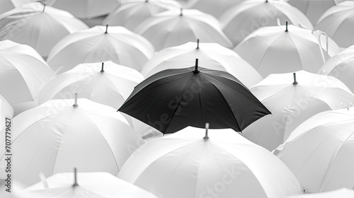 Monochrome Contrast  Black Umbrella Amidst a Sea of White. Generative AI