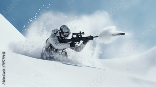 Soldier in Winter Camouflage Firing Rifle in Snow