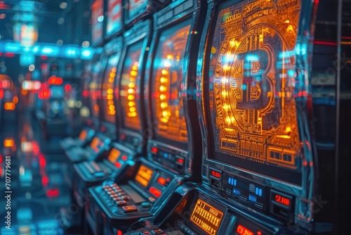 A dynamic shot of a cryptocurrency coin being inserted into a digital slot machine, symbolizing the gamble of crypto investments photo